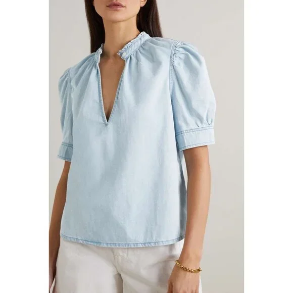 FRAME Ruffled cotton-chambray denim blouse size S
